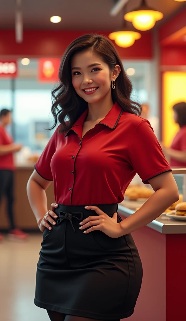((best quality)), ((masterpiece)), (detailed), 1 girl, (((prime red very loose fitting shirt with long sleeves, button-up front, very conservative))). Very saggy flat breasts, no bra, black loose fitting pants, standing behind restaurant counter, big smile open mouth, slim thin figure, long dark hair, latin girl 20's, the appearance of hard nipples showing from under fabric of shirt, slim hips, slim thighs, flat breasts, sfw, 1 person in image, skinny body, red loose shirt,