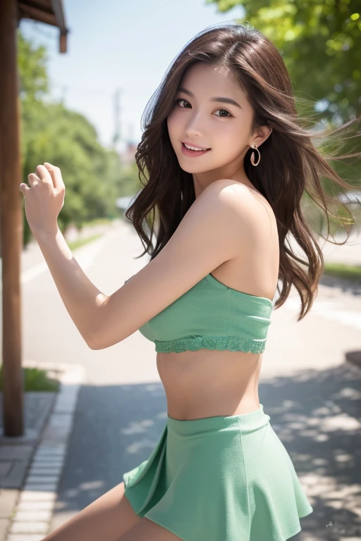 ((Emerald green sexy and naughty panties、Emerald green sexy and naughty bra、shiny))、(best smile)、(realistic、Photoreal、Super detailed、best detailed skins、highest quality、masterpiece、ultra high resolution)、cute japanese woman、16 years old、high school girl、young girl、light makeup、1 girl、have bangs、double eyelid、、watch here、realistic肌タイプ、sexy pose、sexy ass、fluffy hair、snow mountain、winter、