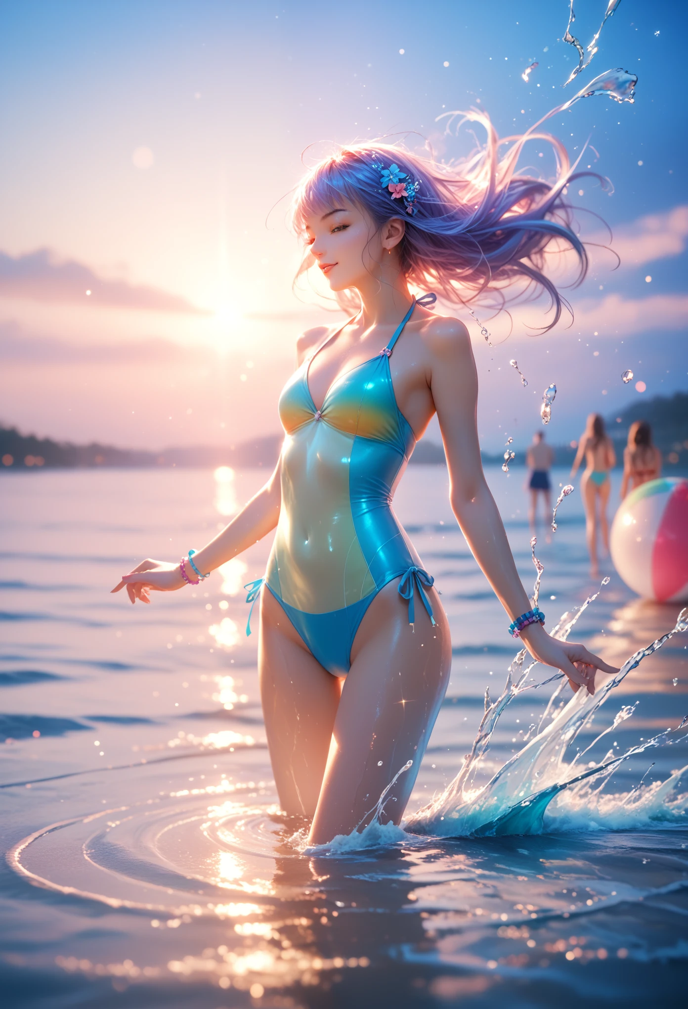 Summer daytime、At the beach where the sunlight is dazzling、A girl in a bikini is having fun splashing around in the ocean。Splash rises、She is smiling and has her eyes closed。The sunlight reflects off the water surface, making it sparkle、It makes her smile even more。With the sound of the waves resonating pleasantly、Summer fun is unfolding。The scene is、As beautiful as a painting。
