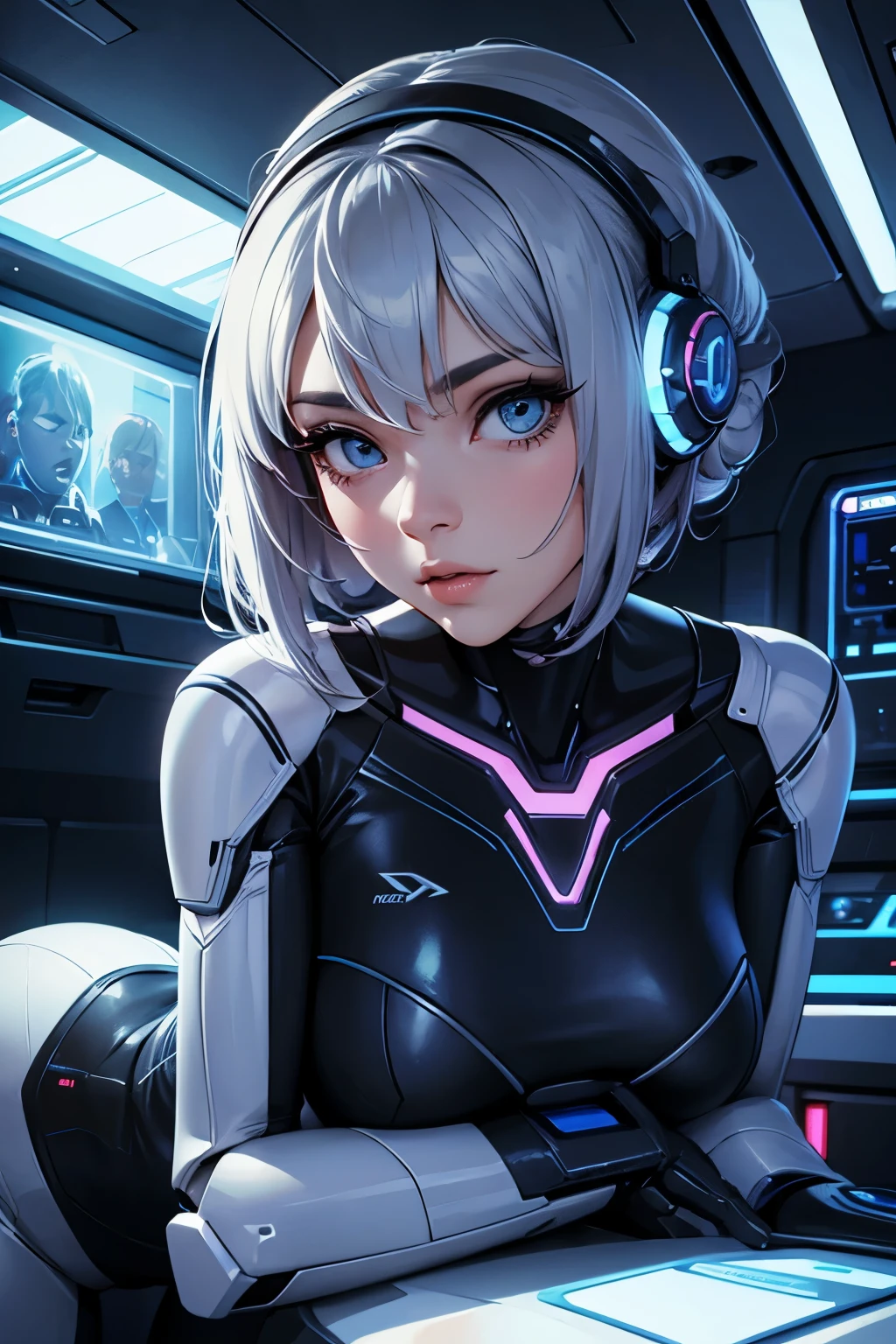 Full body cyber girl with ponytail. ariana grande face. A bright white color showing her as a cyber girl with a laser rifle. White eyebrows. Catsuit-like clothing. She has bright blue eyes. The environment is like a Terminator. Hair is platinum. One side of her face is lit up in a bright blue light. As if guided.  There are also LED lights on both hands..