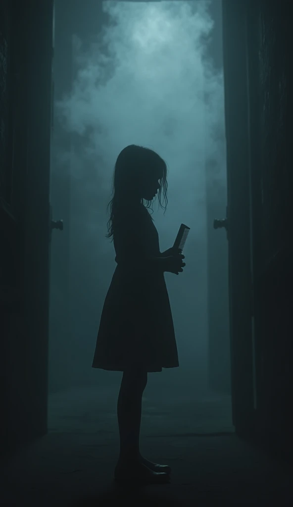 A close-up of a spectral, young girl in a tattered white dress gliding silently through the dark, mist-filled library toward a frozen boy. Her pale, almost translucent skin reflects the dim light, and her expression is a horrifying mixture of sorrow and rage. Her cold, hollow eyes lock onto the boy’s, while her body floats inches above the ground, leaving a trail of darkness in her wake. The atmosphere should feel chilling and tense, like a moment suspended in time, just before something terrible happens.