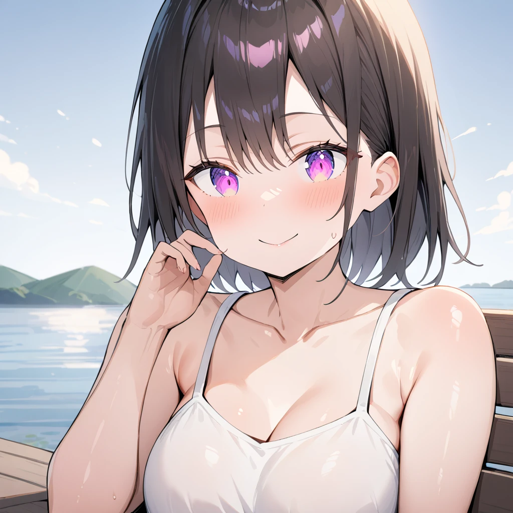 (The pieces fly, Highest quality, High resolution, Ticker, Pixel perfect, Depth of written border, In 4K),
1 girl, alone, , Beautiful Anime Girls,
View your viewers,
Perfect body,
short hair, Black Hair, (Pink Eyes, Big Breasts:1.2),
smile, Open your mouth,
White ruffled bikini, Strapless,
Beach, summer,
throw, From above, Upper Body, concentrated , Close-up shot,
Upward glance,