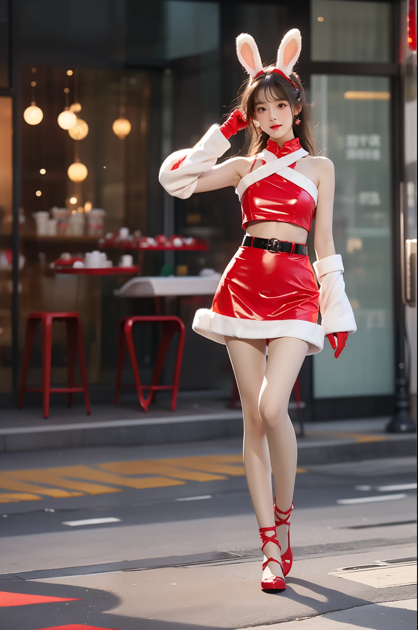 tutututu, bare shoulders, belt, crop top, red pencil skirt, miniskirt,christmas_dress,fur trim, red fingerless gloves, midriff, santa costume, rabbit tail, rabbit ears, fake animal ears,,, (Asian beauty), ((full body)), (night, starry sky, space scene), (slim athletic figure: 1.1), (visible cleavage: 0.8), (smooth skin, no deformities: 1.2), relaxed posture, Sexy long legs, The hemlines are short, head tilted, charming smile, hands gently lifted hemline, long shaggy hair flowing, delicate features: (large bright eyes, long eyelashes: 1.1), mouth slightly upturned, expression gentle and confident, (fidelity: 1.1) 1.2), high detail, soft lighting, warm tones