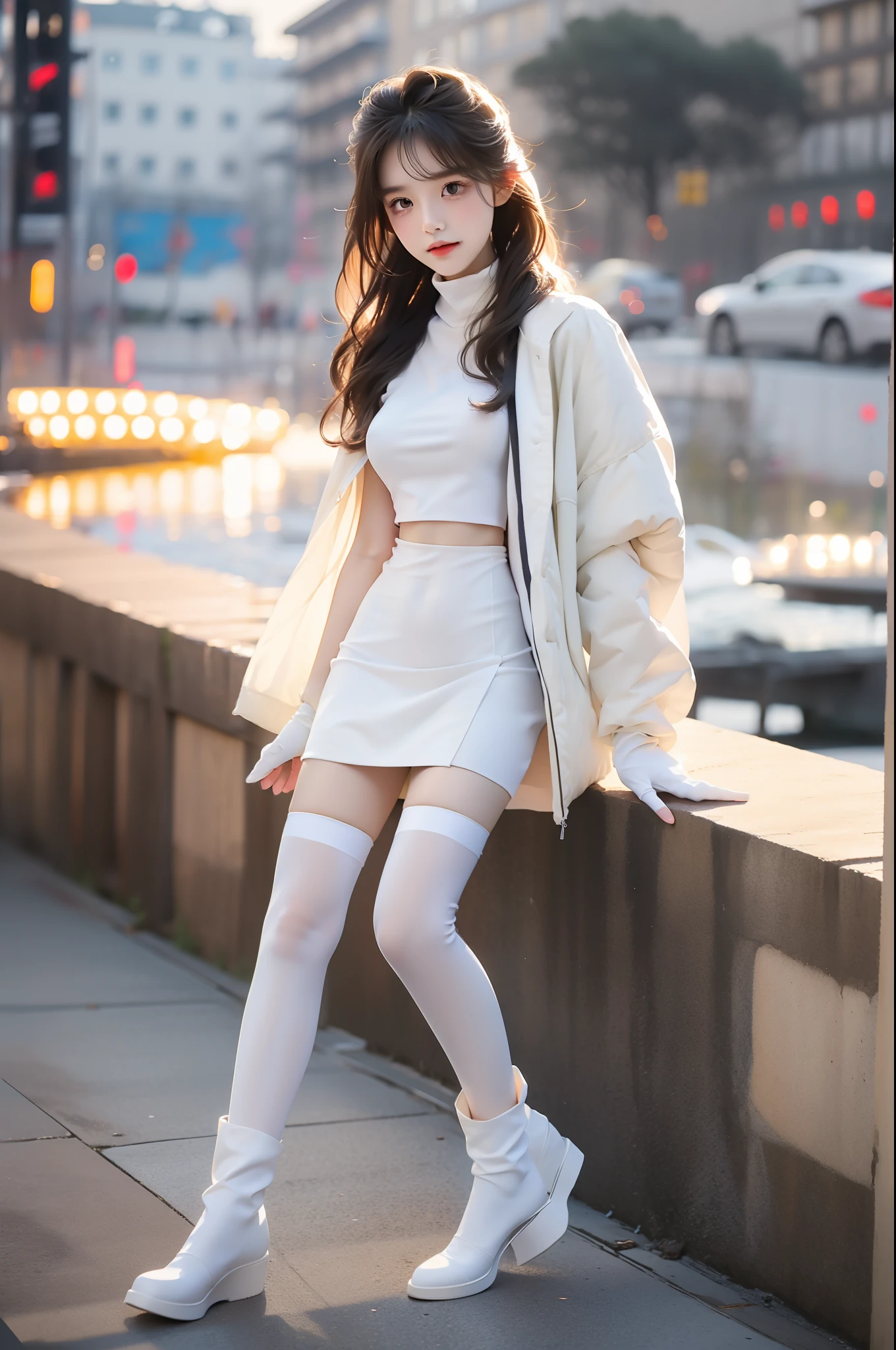 Cosplay_TeamRocket, white jacket, cropped jacket, white skirt, elbow gloves, black thighhighs, zettai ryouiki,,, (Asian beauty), ((full body)), (night, starry sky, space scene), (slim athletic figure: 1.1), (visible cleavage: 0.8), (smooth skin, no deformities: 1.2), relaxed posture, Sexy long legs, The hemlines are short, head tilted, charming smile, hands gently lifted hemline, long shaggy hair flowing, delicate features: (large bright eyes, long eyelashes: 1.1), mouth slightly upturned, expression gentle and confident, (fidelity: 1.1) 1.2), high detail, soft lighting, warm tones