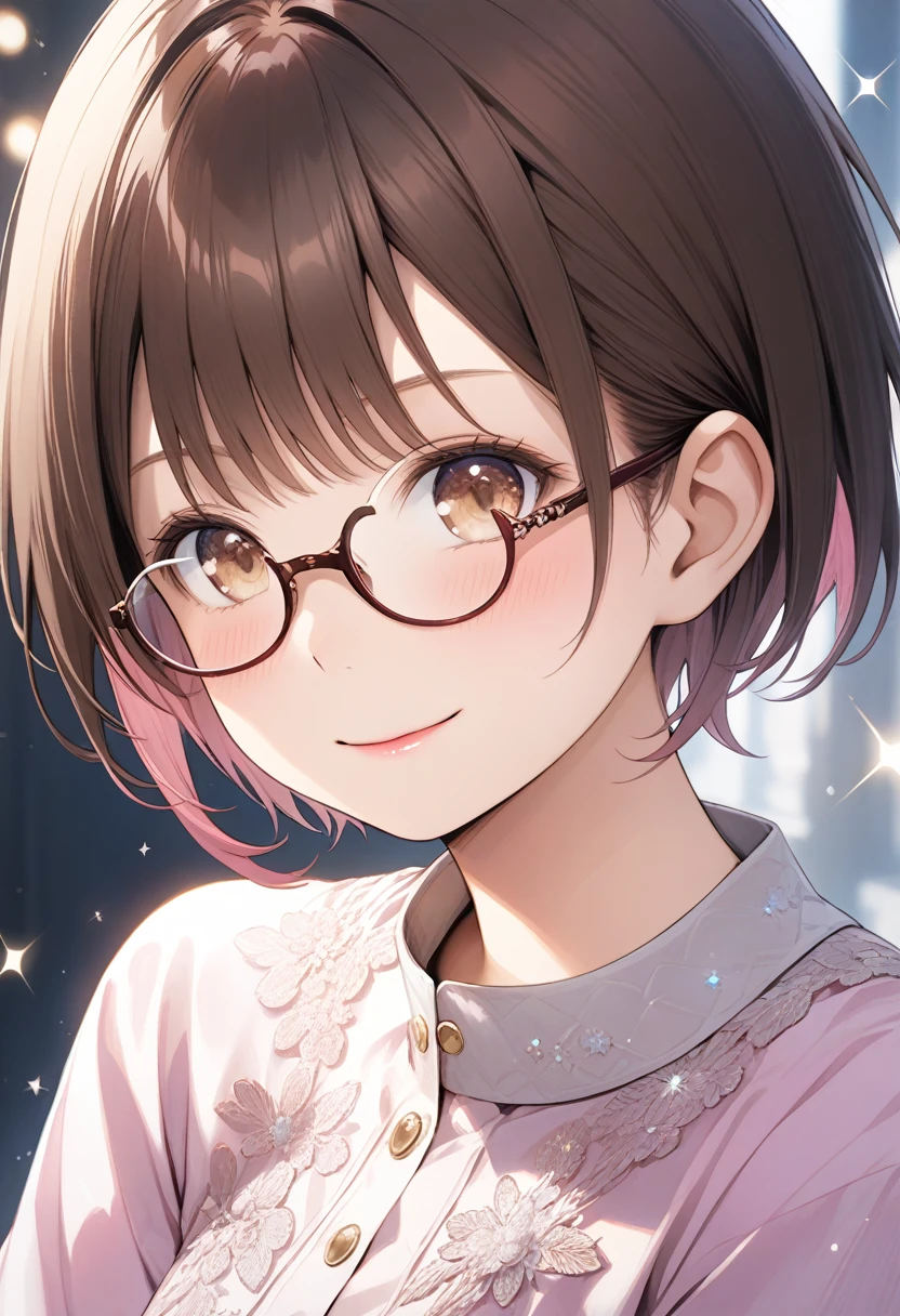 shiny brown hair, short hair, ( beautiful brown eyes 、 Sparkling Eyes, fine grain)、smile、 Super Detailed Eyes 、 highly detailed face, Highly detailed eyes , cowboy shots、 masterpiece、 High Resolution 、 High Resolution 、 High Resolution 、 1 female、Very close、((Depiction of upper body only))、(( short hair、 pixie cut))、 frameless glasses 、やさしいsmile、Please open your lips a little、 pink lipstick 、
