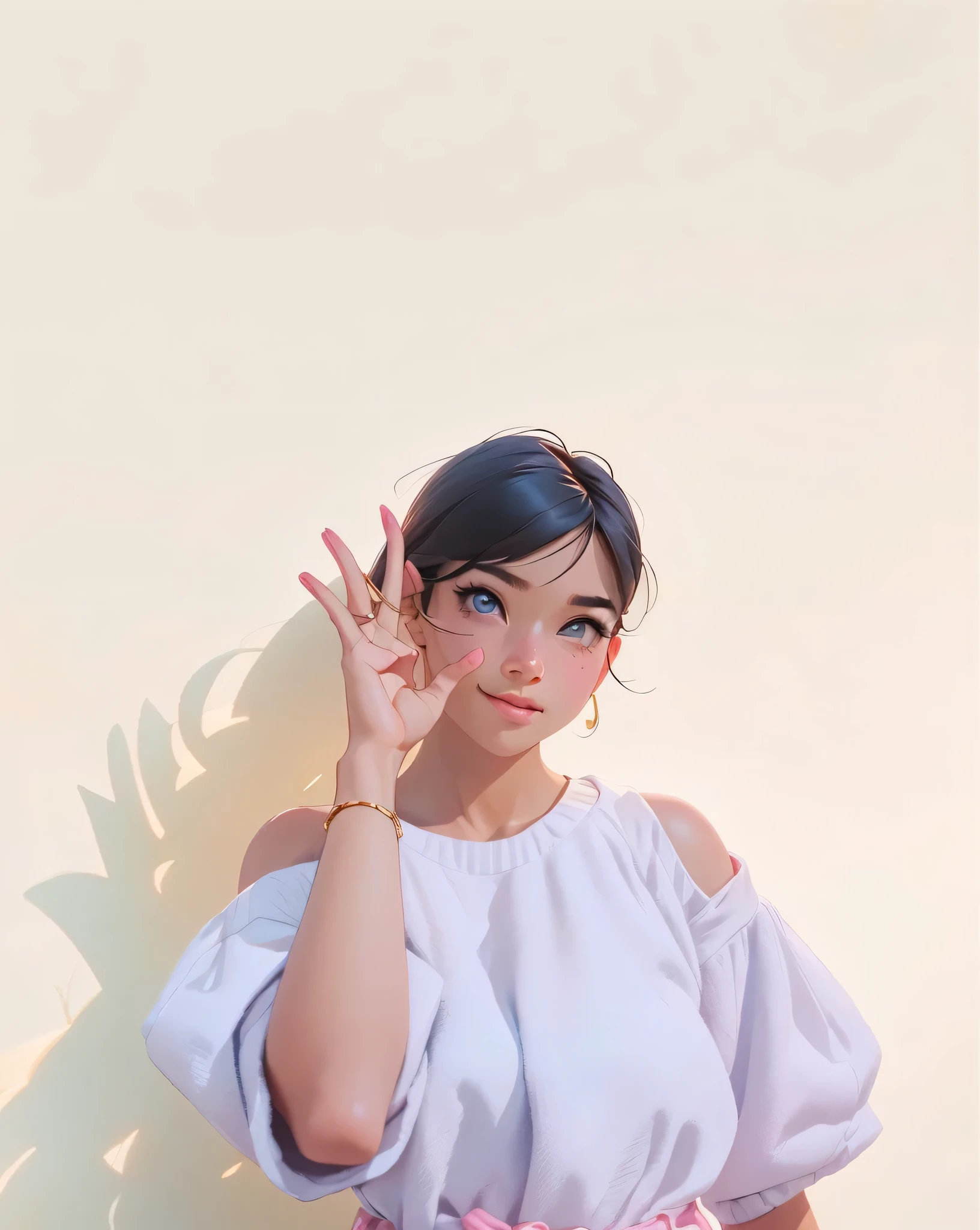 there is a woman that is standing up with her hand up, hand on cheek, ruan cute vtuber, with index finger, face with artgram, wave a hand at the camera, picture, 2 , with kind face, nivanh chanthara, 😭 🤮 💕 🎀, with cute - fine - face, 2 Disney style, (youth: 1.1), cute boy, detailed eyes, (sunlight: 1.2), bright, soft lighting, shadows, ray tracing, warm color palette, pink tones, pink decorations, high resolution, strong outlines, colorful background, aggressive, beautiful (Illustration: 1.05), (film lighting: 1.1), cool aesthetic, aesthetic style, hard illustration, backwards, 8k, film grain, Kodak Portra 800, f1 .8. Golden hour