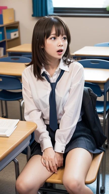 ((Brown Hair)), ((Gal)), ((Breast enlargement)), (masterpiece, Highest quality:1.2), 8K, Young and beautiful girl, 85mm,Official AR RAW Photos, (Baby Face), ((Small face)), (((Super big breasts))), Detailed nipples, Show me your ears、photo shoot, Cute face, Thighs, Classroom after school, Looking at the audience, (M-shaped legs), Embarrassing、smile、Natural Makeup, Film Grain, chromatic aberration, Sharp focus, Face Light, Bright lighting, 10 generations, Detailed face, Background blur、((((((14 year old high school girl))))))、Narrow waist, ((Schoolgirl uniform, Checkered pleated mini skirt)), (Sexyパンティー), sit with your legs open, Sexy, Seductive look