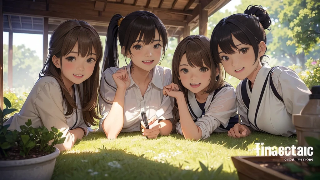 ( very detailed , High Resolution ,masterpiece:1.2）Commemorative photo、Group photo、 female middle school student 、School trip、garden、 Japanese、(Best Quality:1.2), Teenage girl、Small breasts((1.8))、 very detailed な,  High Resolution , masterpiece:1,2, Vivid and colorful,,  professional lighting,  physically-based rendering ,  flat color :0.8,  detailed illustration, realism:1.37, Makoto Shinkai style, Your name style, Light brown hair,  elegant update , ponytail, Bun Hair。, Laugh together,  Dynamic Poses , Selfie,  full body older sister 、。Group of people 、Thick pubic hair、The pubic area is bristly。