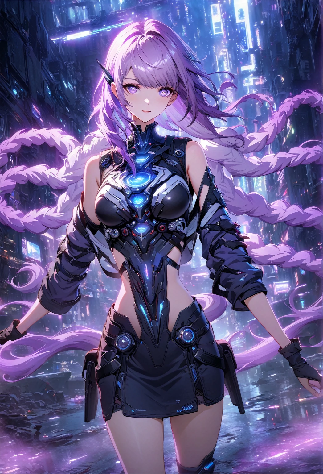 Android Girl,white hair,short and messy hair, purple neon eyes, Holding a chain whip,chains on the hands,chains action, chains around her arm, very cute, skirt, white blouse, cyberpunk theme