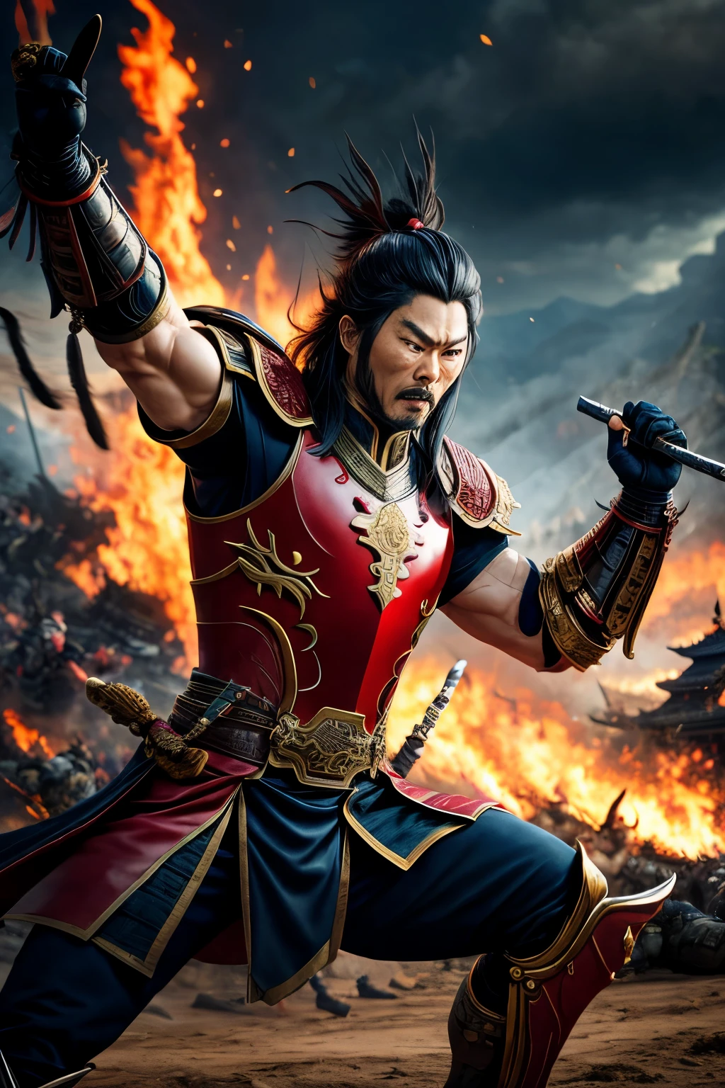both hands up, powerful man samurai, dying standing, bleeding from arrows, wounded with arrows, long hair, big teeth, yelling, blood, arrows everywhere, wearing samurai armor, arrows, holding long spear with both hands