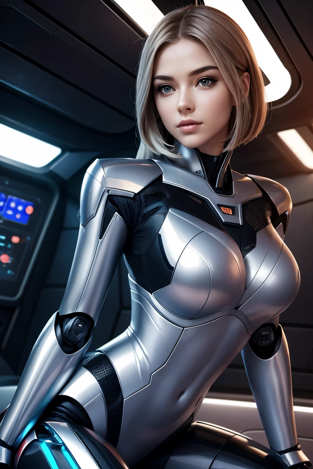 a female robot, with beautiful face, sexy pose, in a starship, 