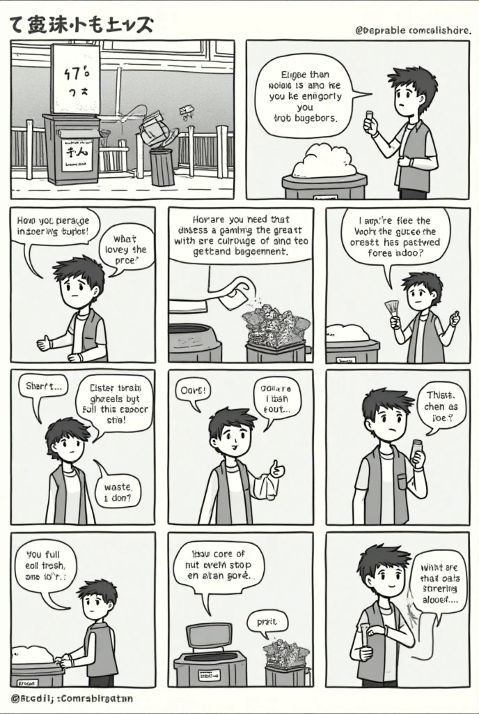 

title: " The Importance of Trash "

Panel 1:
 A young man stands in front of the trash can full .
Youth: "Ouch ,  This bin is full .  Do I have to take out the trash where ?"

Panel 2:
 He looked around and saw some other people careless garbage disposal.
Youth: "Hmm...  it seems like they don't care ."

Panel 3:
 He picks up his trash with determination .
Youth: "No!  I will dump the trash in the right place !"

Panel 4:
Youth melemparkan sampah ke tempat sampah dan tersenyum bangga.
Youth: "see!  I already contribute to cleanliness !"

Panel 5:
Suddenly,  x} garbage from a filled bin fell to the ground .
Youth: " Uh-oh ...  Maybe I need to hire a trashman too !"



