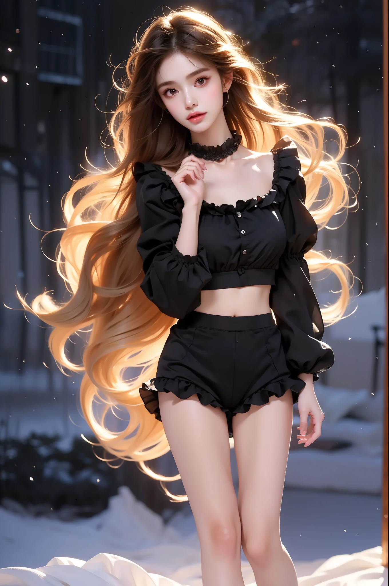 frilled shirt collar, long sleeves, frilled panties, shrug \(clothing\), crop top
black panties, black shirt, frills (Asian beauty), ((full body)), (night, starry sky, space scene), (slim athletic figure: 1.1), (visible cleavage: 0.8), (smooth skin, no deformities: 1.2), relaxed posture, Sexy long legs, The hemlines are short, head tilted, charming smile, hands gently lifted hemline, long shaggy hair flowing, delicate features: (large bright eyes, long eyelashes: 1.1), mouth slightly upturned, expression gentle and confident, (fidelity: 1.1) 1.2), high detail, soft lighting, warm tones