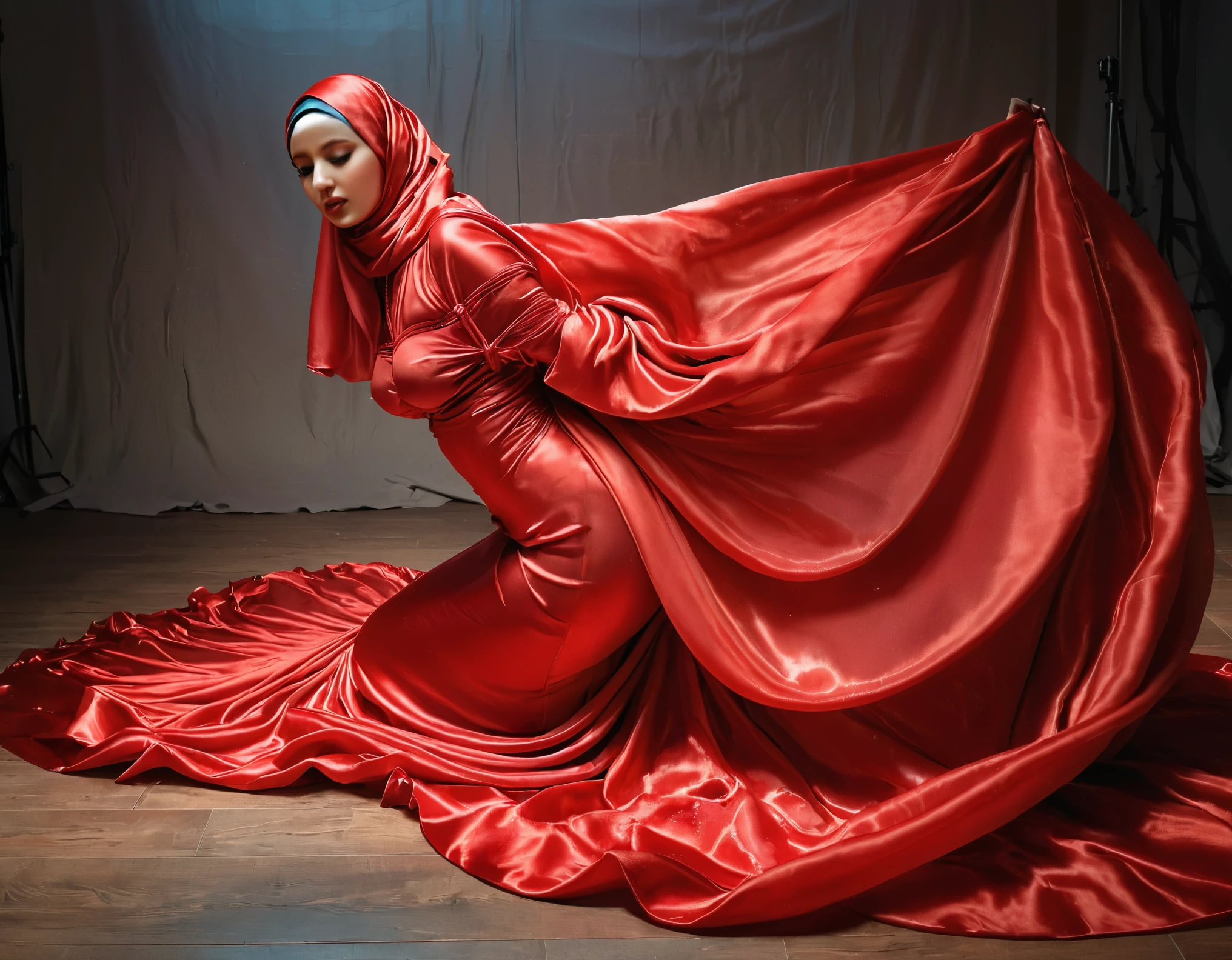 A woman shrouded in a 10-meter-long, plush red satin cloth, ballon sleeves,tight from the waist to the thighs, tightly bound and grandly draping along the form of her body, flowing off into a pooled floor-length train, styled in a mermaid-inspired outfit, her head modestly veiled in a satin hijab, 185 height woman, walk in photo studio, a full-body pose conveying a sense of elegance, captured in a 4k resolution, ultra-realistic