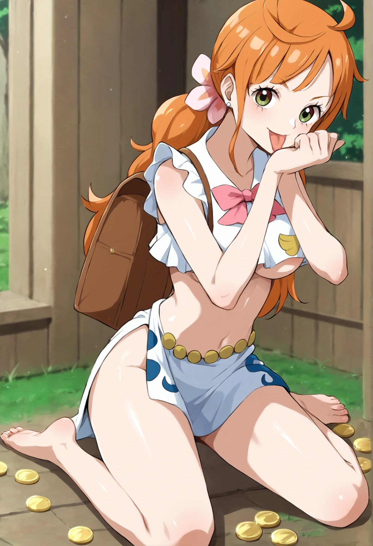 Masterpiece, best quality, retro style,honoka kousaka , finger to mouth, blue eyes, orange hair, string bikini, micro bikini, red bikini, hentai style, skindentation , cowboy shot, shield in right arm, sword in left hand, standing, facing viewer, one eye closed, looking at another,:p, tongue out, hairband, choker, thighs strap,arm band, saliva string 