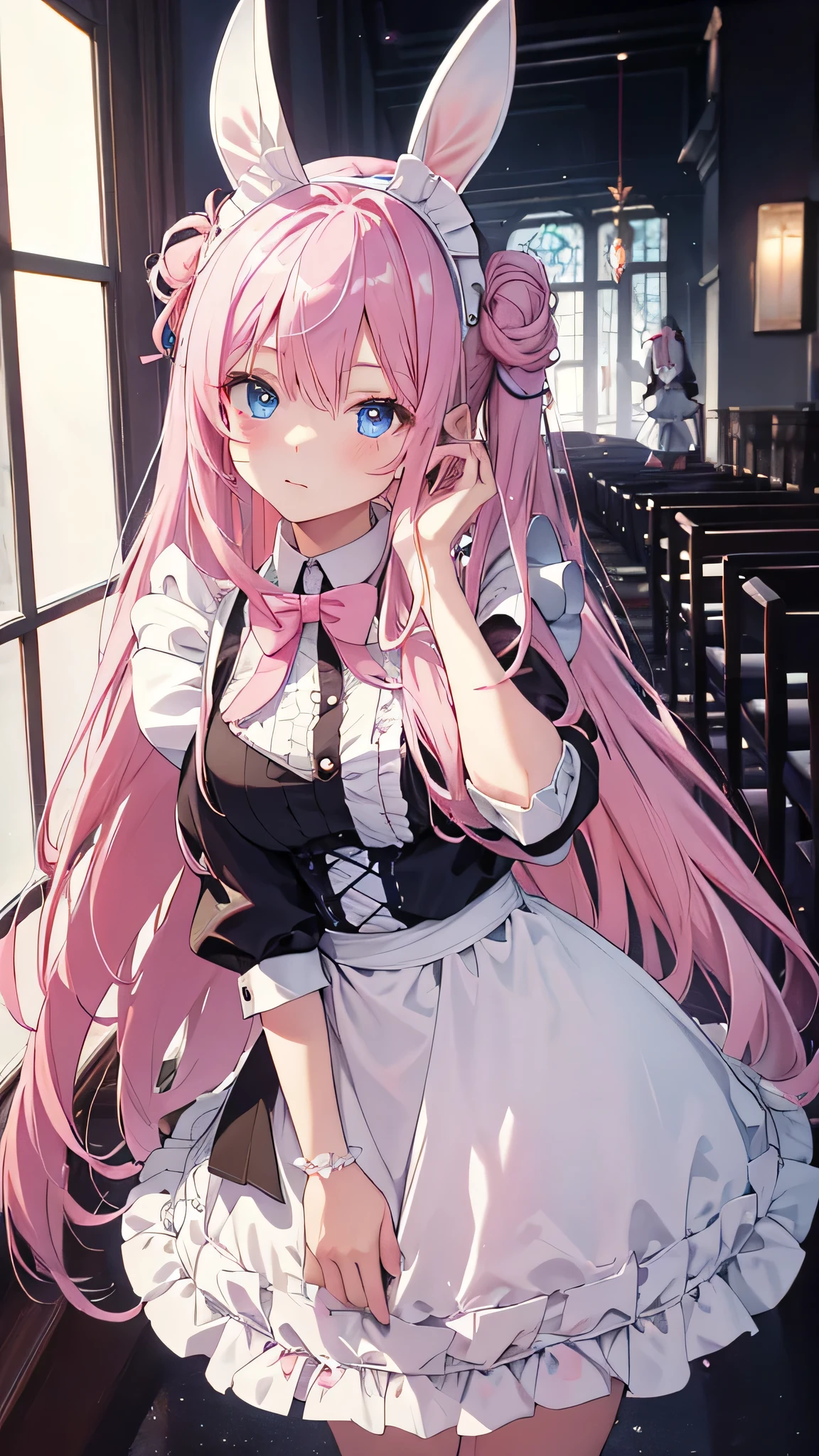 ((​masterpiece))、((top-quality)、(Super Detail)、in 8K、Delicate depictions are filmed in anime style。
posterior view、(Very long hair、A pink-haired、Bright blue eyes）18year old、(full bodyesbian)、Cute Maid Clothes、Maid Cafe、Take orders with a smile、dynamic ungle