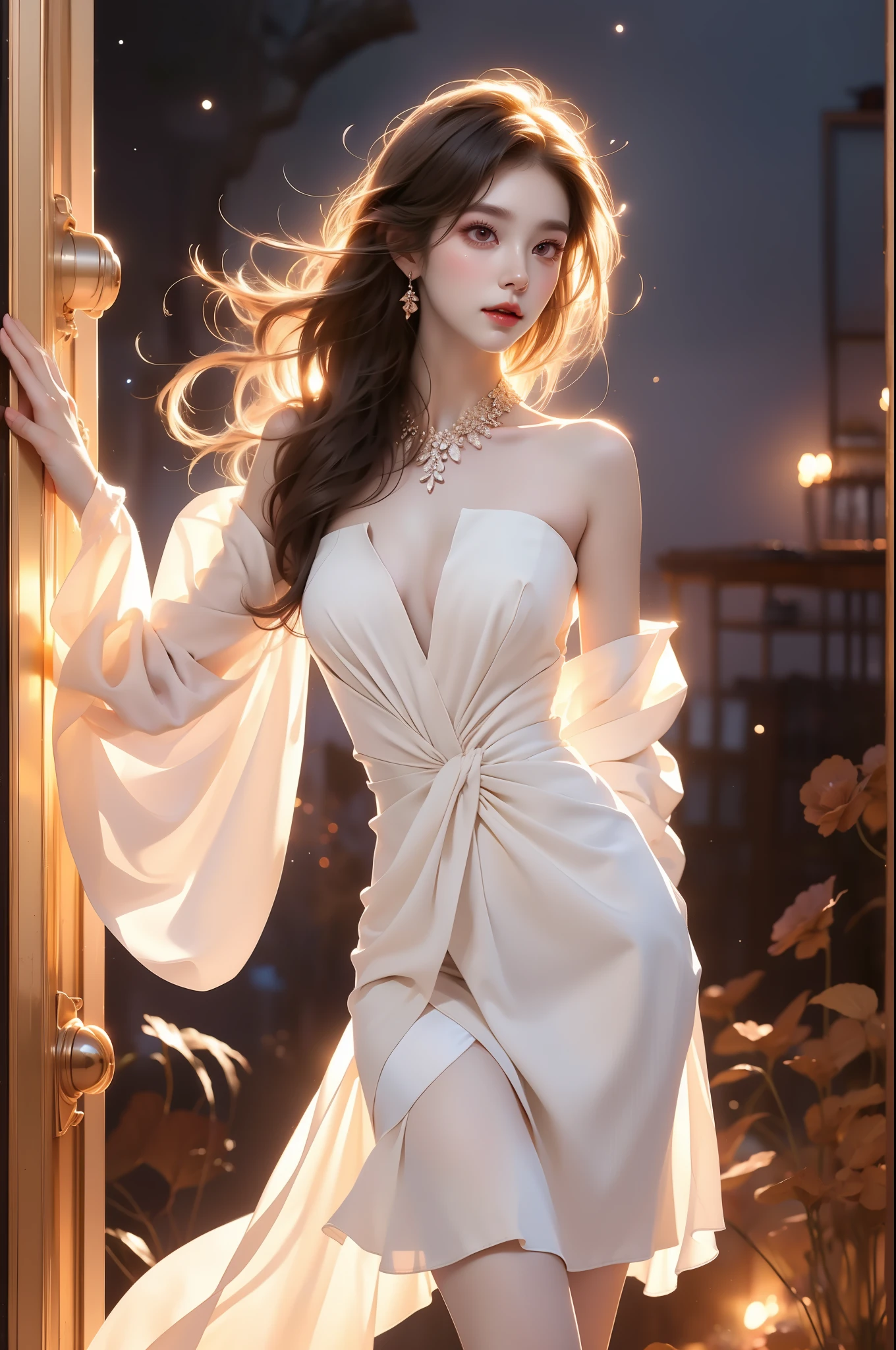 strapless two-tone dress,
pantyhose,, (Asian beauty), ((full body)), (night, starry sky, space scene), (slim athletic figure: 1.1), (visible cleavage: 0.8), (smooth skin, no deformities: 1.2), relaxed posture, Sexy long legs, The hemlines are short, head tilted, charming smile, hands gently lifted hemline, long shaggy hair flowing, delicate features: (large bright eyes, long eyelashes: 1.1), mouth slightly upturned, expression gentle and confident, (fidelity: 1.1) 1.2), high detail, soft lighting, warm tones