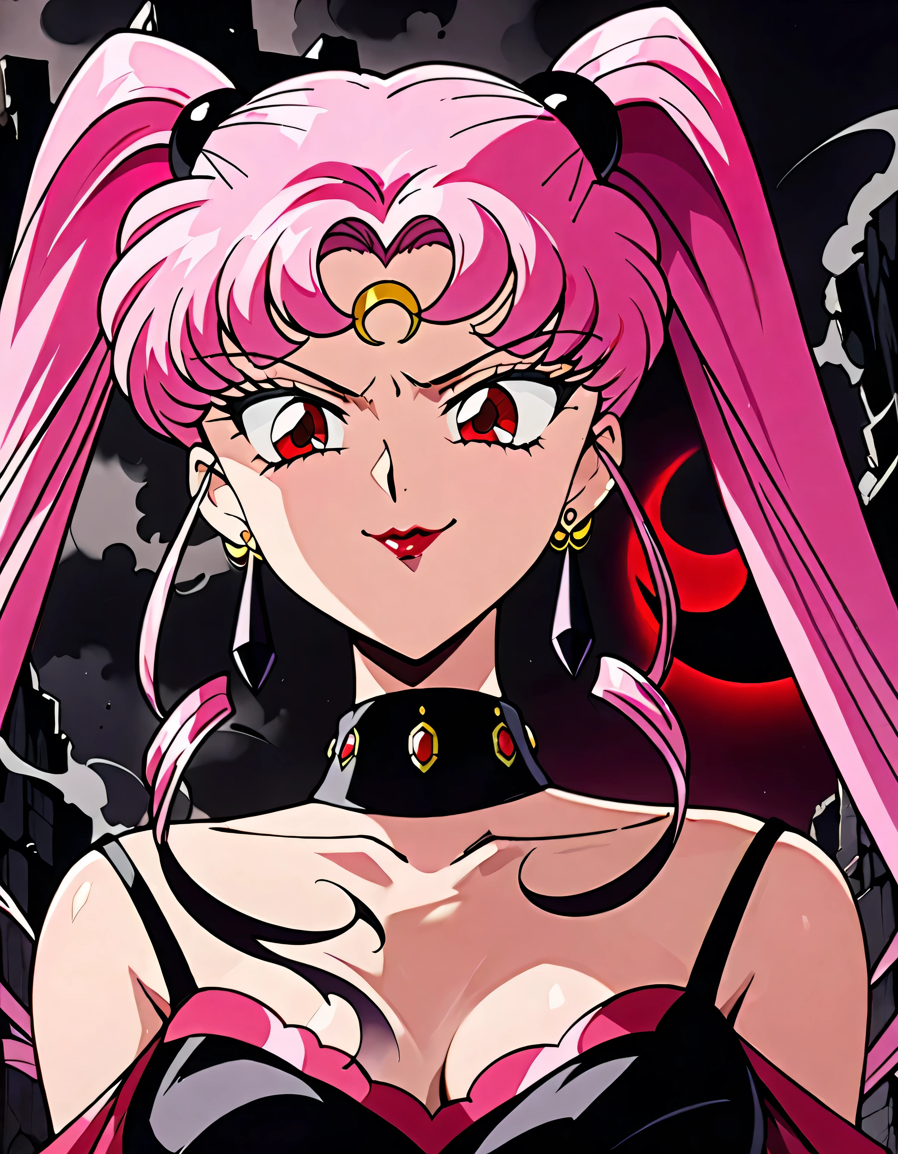 Wicked Lady from Sailor Moon, Pink Hair, Red eyes, , Black crescent moon mark on forehead, very evil smirk,beautiful body,shaded face(eyes in evil shadow),((masterpiece,best quality)), absurdes,black dress,upper body,beautiful face,,looking down at viewer,twintail,,Sadistic ridicule,look down,looking down at viewer,evil darkness ,ruins of black smoke background,