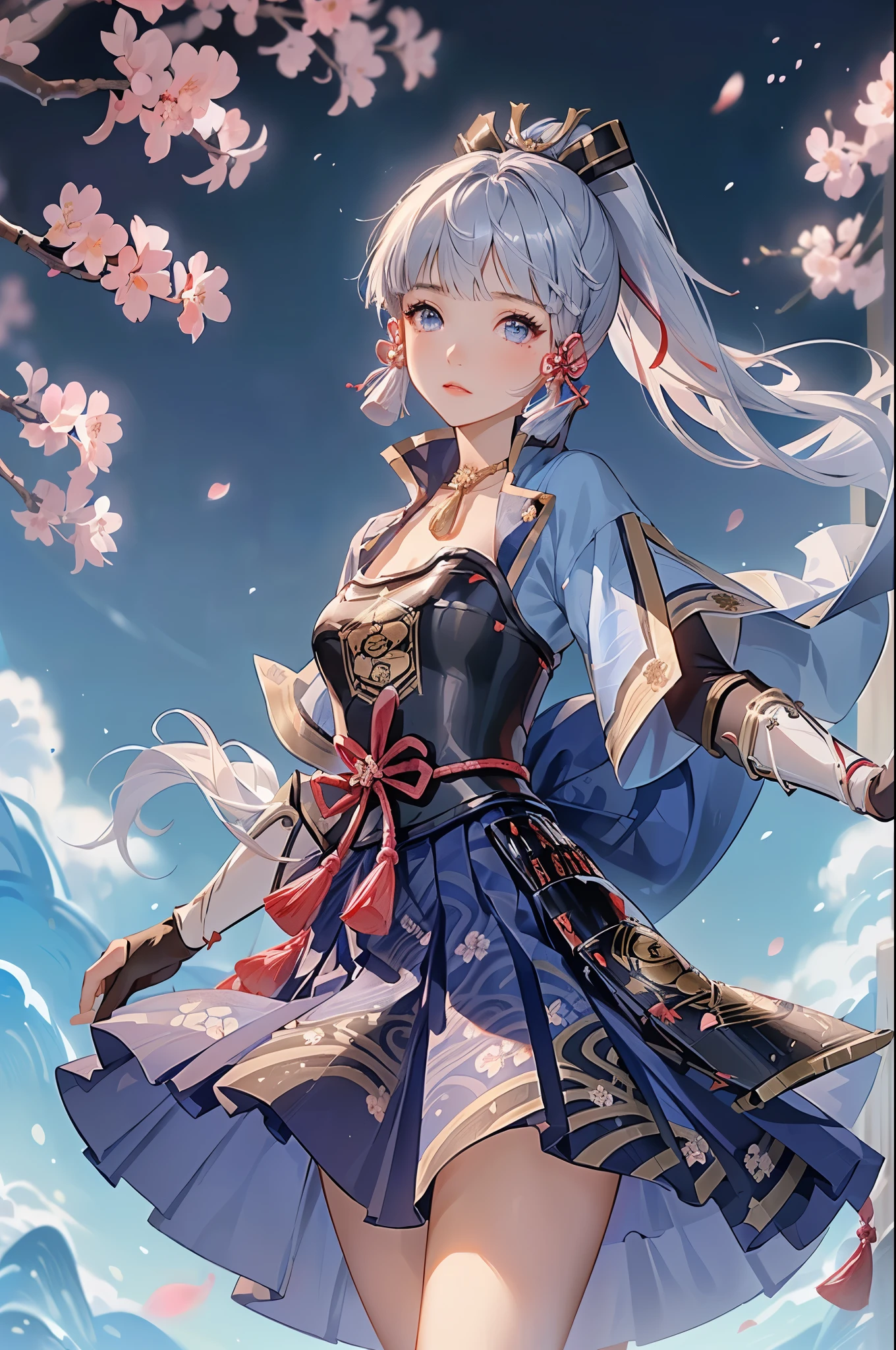 masterpiece, Best Quality, ((Ayaka Kamisato_ Genshin Impact)),(( 1 girl,Long Hair, blue hair , ponytail, Hair Ribbon,  hair accessories , Hold the  , blue eyes,breastplate,armor, Short sleeve,Japanese clothing,  Blue Skirt , Tassel,gloves, Arm guard,))[( holding a sword ,Japanese sword):1.4],((Great background、whirlwind、cherry blossoms)),Dancing

