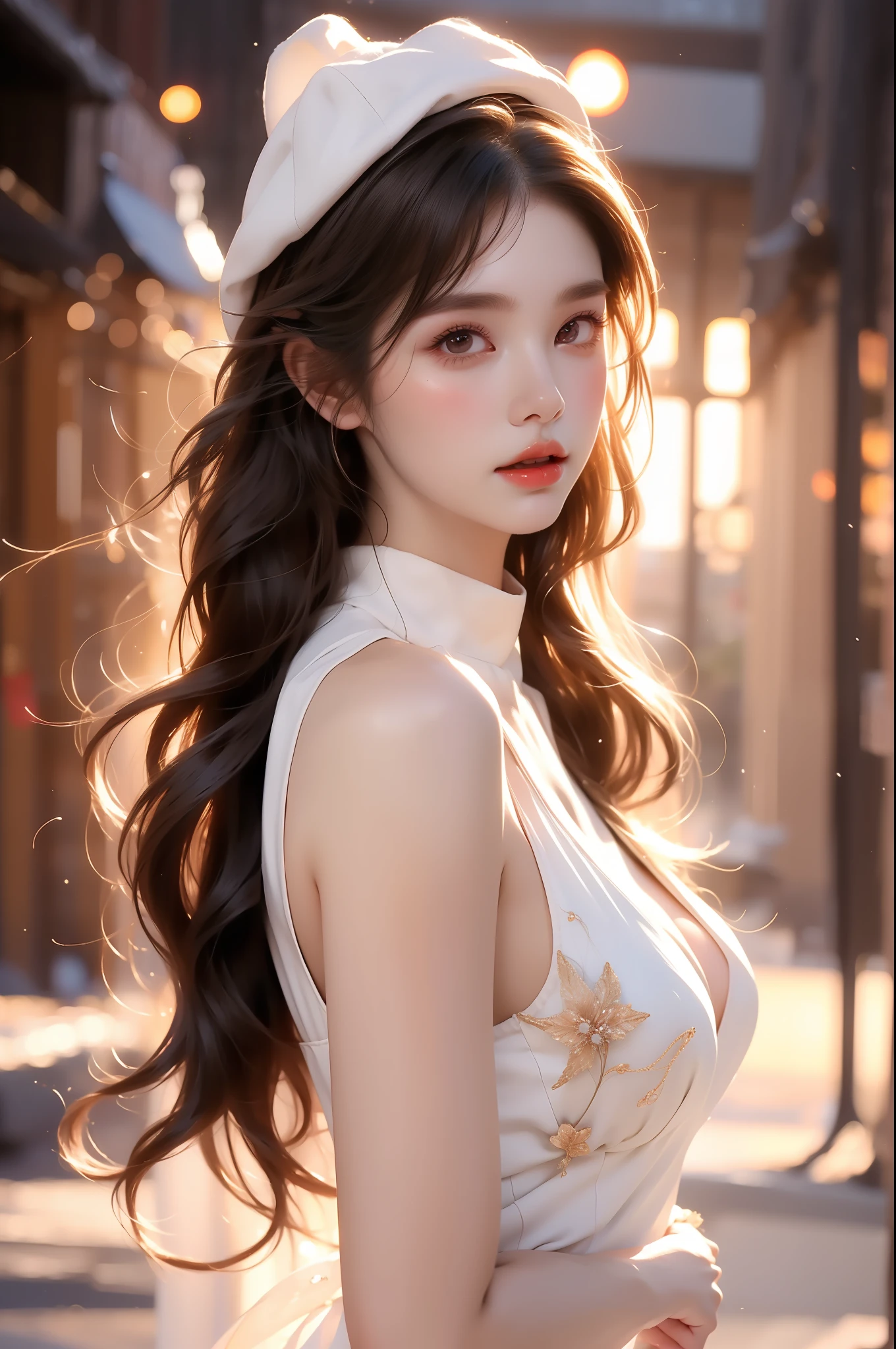 outfit-gladiia,hat, (Asian beauty), ((full body)), (night, starry sky, space scene), (slim athletic figure: 1.1), (visible cleavage: 0.8), (smooth skin, no deformities: 1.2), relaxed posture, Sexy long legs, The hemlines are short, head tilted, charming smile, hands gently lifted hemline, long shaggy hair flowing, delicate features: (large bright eyes, long eyelashes: 1.1), mouth slightly upturned, expression gentle and confident, (fidelity: 1.1) 1.2), high detail, soft lighting, warm tones