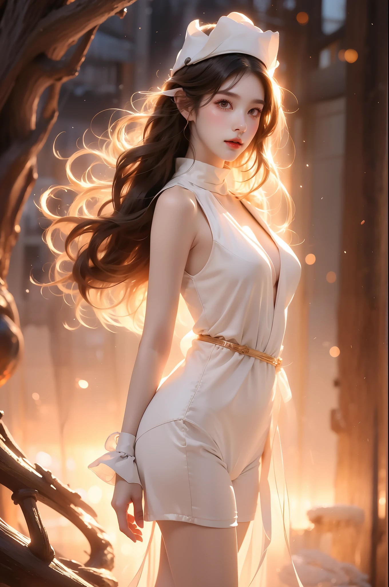 outfit-gladiia,hat, (Asian beauty), ((full body)), (night, starry sky, space scene), (slim athletic figure: 1.1), (visible cleavage: 0.8), (smooth skin, no deformities: 1.2), relaxed posture, Sexy long legs, The hemlines are short, head tilted, charming smile, hands gently lifted hemline, long shaggy hair flowing, delicate features: (large bright eyes, long eyelashes: 1.1), mouth slightly upturned, expression gentle and confident, (fidelity: 1.1) 1.2), high detail, soft lighting, warm tones