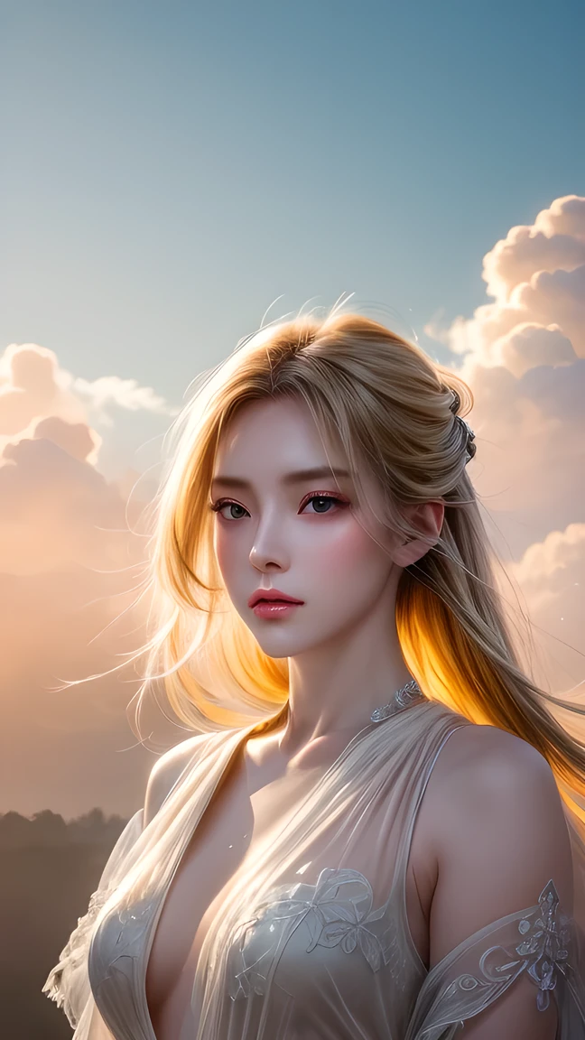 (masterpiece), Fine details, Smooth and natural, (1 Girl), Yellow hair, Qiancheng Xue, Hair and palm absorb , Beautiful and dignified, majestic, Rich background details , (cloud+Wide Angle),  thick and precise fog ,  an illusory sky, Beautiful paintings, ink sense ,"