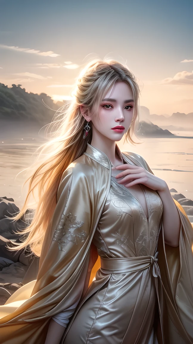 (masterpiece), Fine details, Smooth and natural, (1 Girl), Yellow hair, Qiancheng Xue, Hair and palm absorb , Beautiful and dignified, majestic, Rich background details , (cloud+Wide Angle),  thick and precise fog ,  an illusory sky, Beautiful paintings, ink sense ,"