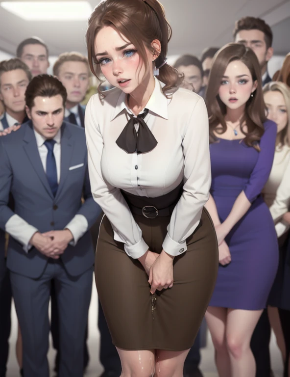 best quality, 8k high resolution, handsome dutch girl, 20 years old, light brown curly twin ponytails hair, wearing a white formal blouse and pencil skirt, needing to pee, holding her crotch, desperate to pee, desperate look in her face, in a crowded room, crowd of people in the back, crossed legs, red cheeks, tears in her eyes, running mascara, about to burst, crying in desperation, starting to leak a bit, sweating, biting her lip, begging, crying, 