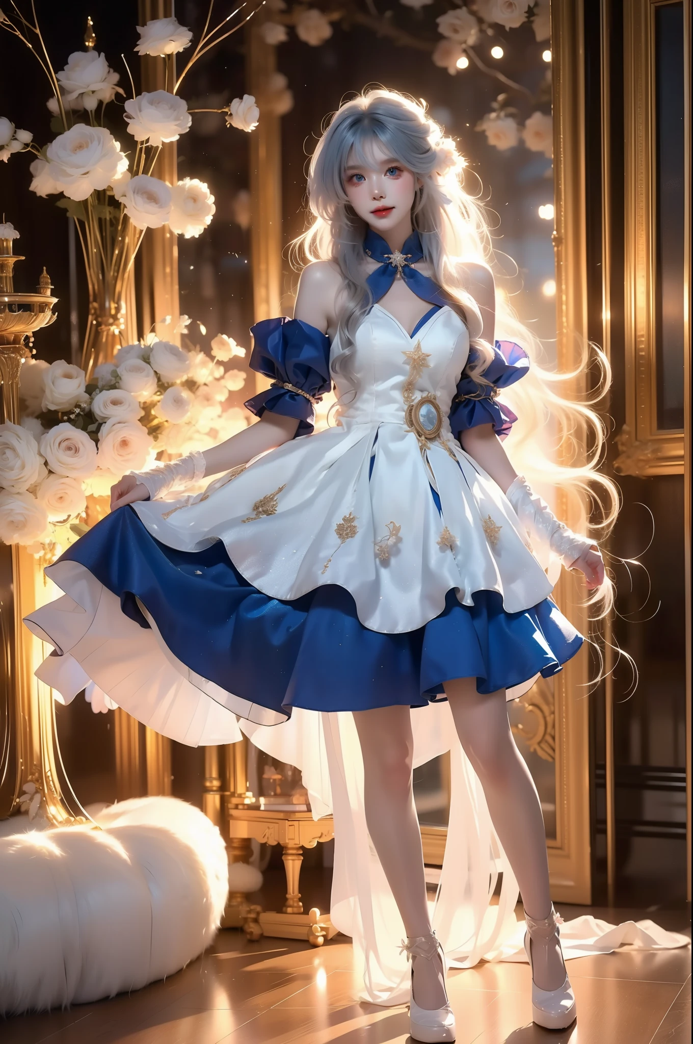 HonkaiStarRail_Robin,1girl, blue long hair,blue eyes,(halo,head wings),blue&white dress, high heels,, (Asian beauty), ((full body)), (night, starry sky, space scene), (slim athletic figure: 1.1), (visible cleavage: 0.8), (smooth skin, no deformities: 1.2), relaxed posture, Sexy long legs, The hemlines are short, head tilted, charming smile, hands gently lifted hemline, long shaggy hair flowing, delicate features: (large bright eyes, long eyelashes: 1.1), mouth slightly upturned, expression gentle and confident, (fidelity: 1.1) 1.2), high detail, soft lighting, warm tones