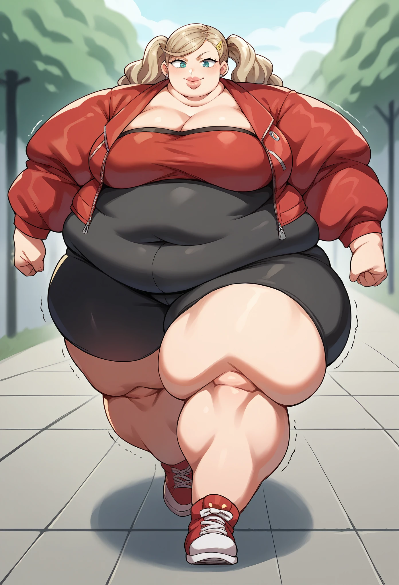 score_9, score_8_up, score_7_up, source_anime BREAK 1girl, takamaki ann, ganryu, tube top, red jacket, black bike shorts, Shibuya, streets smile, walking, trembling, growing fatter, fat, chubby, obese, full body shot, gigantic arms and legs, big lips