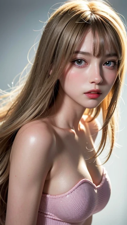 Girl ,  shoulder length hair, wavy hair, glowing skin, star in eye, red lips, grey background, cute poses , upper body, light blonde hair, big breast, naked, pussy spread, 