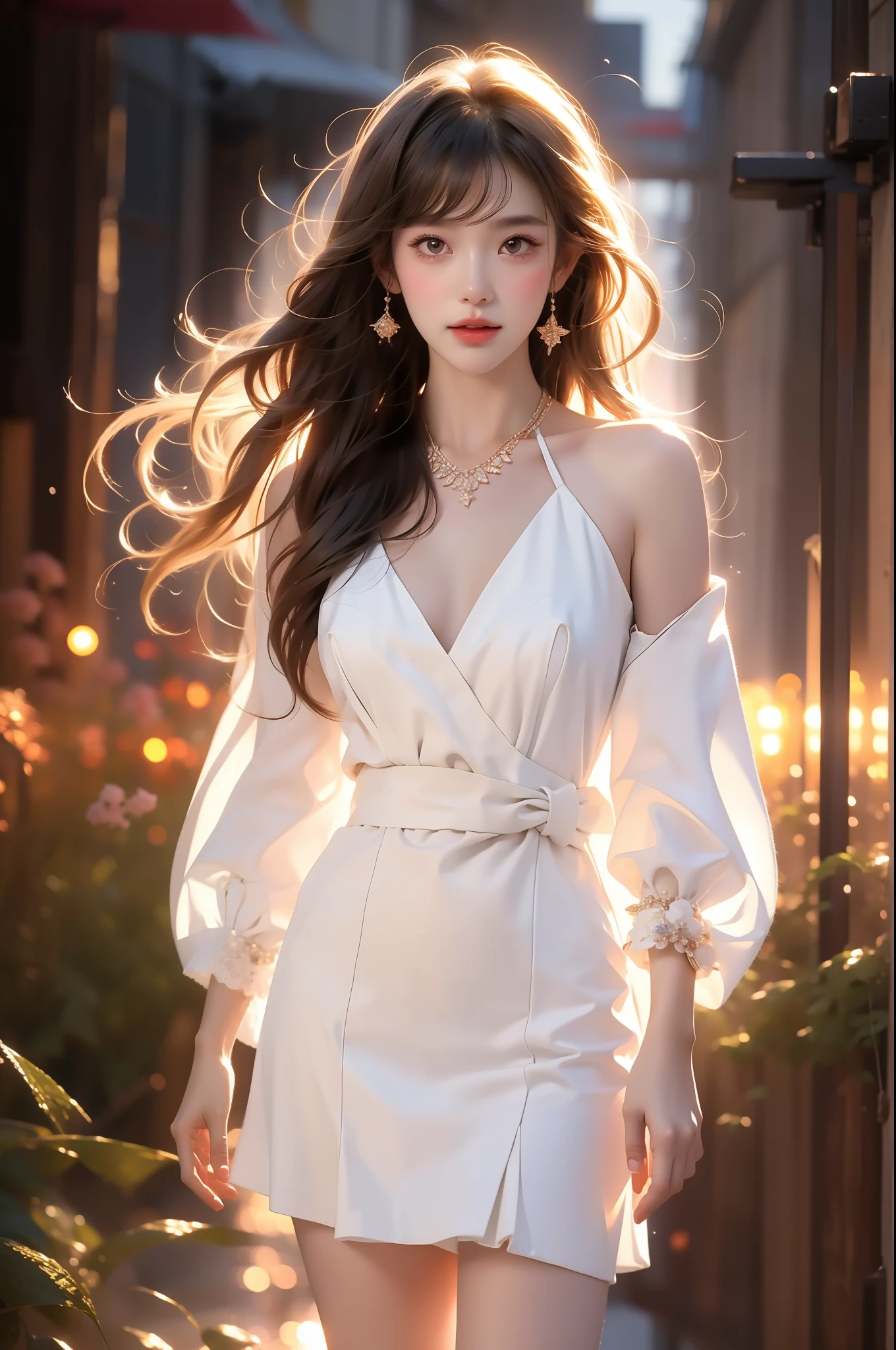  (Asian beauty), ((full body)), (night, starry sky, space scene), (slim athletic figure: 1.1), (visible cleavage: 0.8), (smooth skin, no deformities: 1.2), relaxed posture, Sexy long legs, The hemlines are short, head tilted, charming smile, hands gently lifted hemline, long shaggy hair flowing, delicate features: (large bright eyes, long eyelashes: 1.1), mouth slightly upturned, expression gentle and confident, (fidelity: 1.1) 1.2), high detail, soft lighting, warm tones