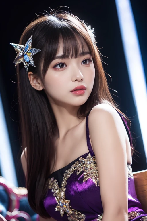 (masutepiece, Best Quality, in 8K、 Raw photo, Looking at Viewer), ((Luxurious and beautiful ball gown dress with a mix of gold and purple,ruffles and rhinestones)) a choker, a beauty girl, Pretty Face, , chromatic abberation, , ring light, 、Rim Lights、Dynamic lighting, Cinematic lighting, A hyper-realistic, hight resolution, extremely detailed eye and face, Sharp pupils, Realistic pupils, (simple purple background), Eyes are brown,((high-heels))FULL BODYSHOT