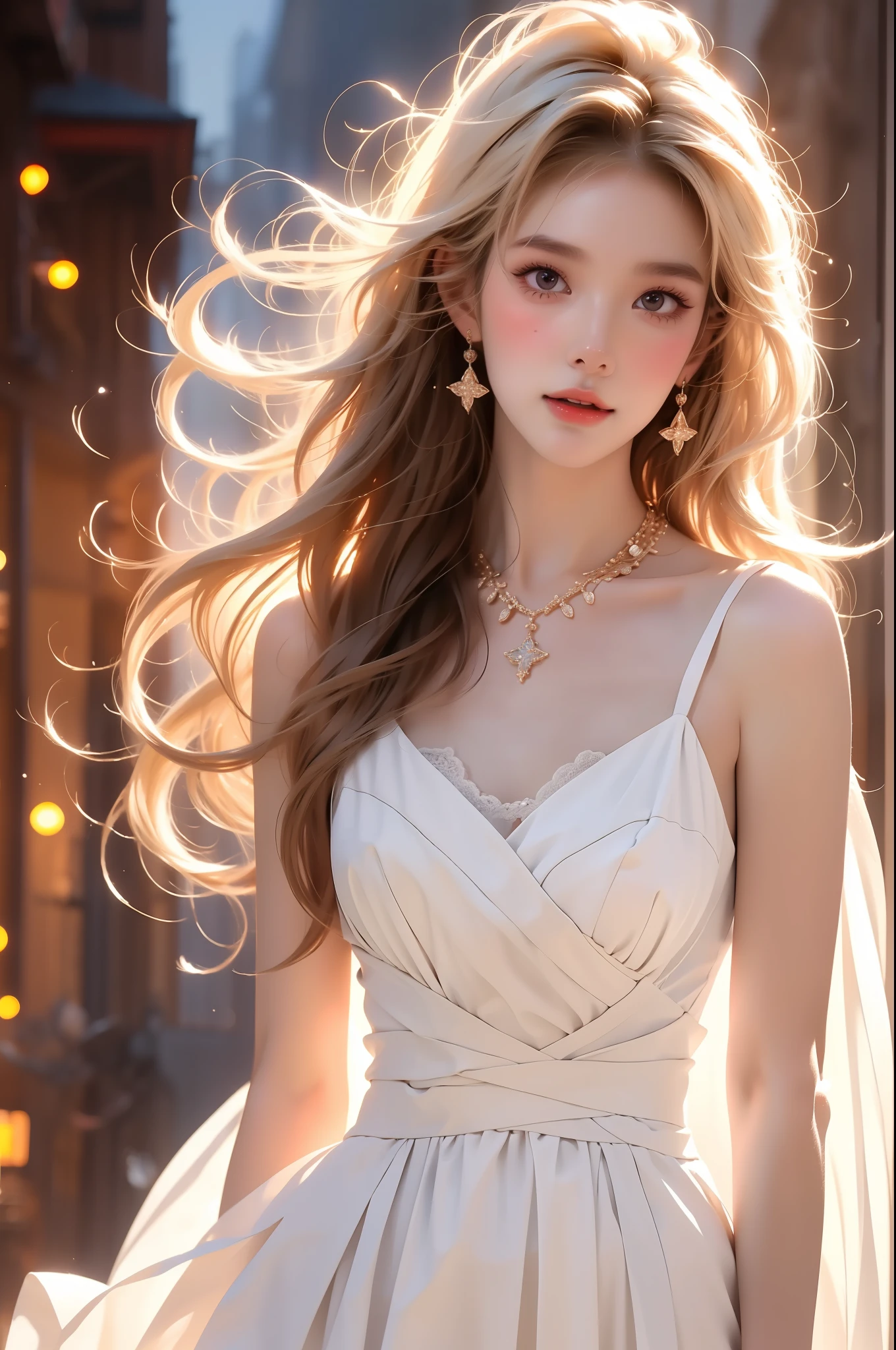  (Asian beauty), ((full body)), (night, starry sky, space scene), (slim athletic figure: 1.1), (visible cleavage: 0.8), (smooth skin, no deformities: 1.2), relaxed posture, Sexy long legs, The hemlines are short, head tilted, charming smile, hands gently lifted hemline, long shaggy hair flowing, delicate features: (large bright eyes, long eyelashes: 1.1), mouth slightly upturned, expression gentle and confident, (fidelity: 1.1) 1.2), high detail, soft lighting, warm tones