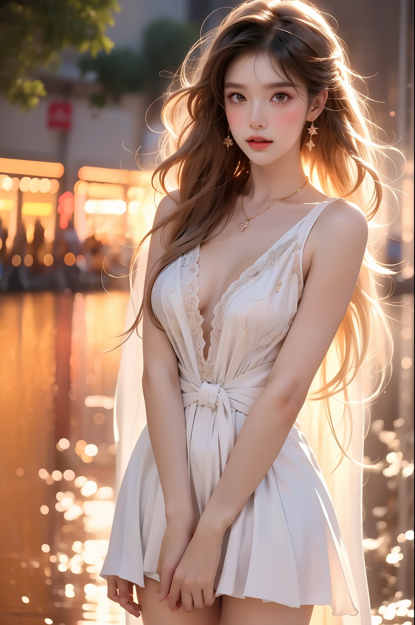  (Asian beauty), ((full body)), (night, starry sky, space scene), (slim athletic figure: 1.1), (visible cleavage: 0.8), (smooth skin, no deformities: 1.2), relaxed posture, Sexy long legs, The hemlines are short, head tilted, charming smile, hands gently lifted hemline, long shaggy hair flowing, delicate features: (large bright eyes, long eyelashes: 1.1), mouth slightly upturned, expression gentle and confident, (fidelity: 1.1) 1.2), high detail, soft lighting, warm tones