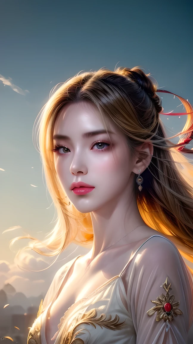 (masterpiece), Fine details, Smooth and natural, (1 Girl), Yellow hair, Qiancheng Xue, Hair and palm absorb , Beautiful and dignified, majestic, Rich background details , (cloud+Wide Angle),  thick and precise fog ,  an illusory sky, Beautiful paintings, ink sense ,"