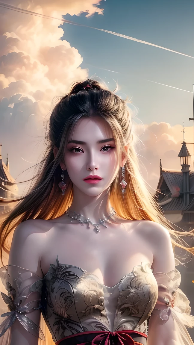 (masterpiece), Fine details, Smooth and natural, (1 Girl), Yellow hair, Qiancheng Xue, Hair and palm absorb , Beautiful and dignified, majestic, Rich background details , (cloud+Wide Angle),  thick and precise fog ,  an illusory sky, Beautiful paintings, ink sense ,"