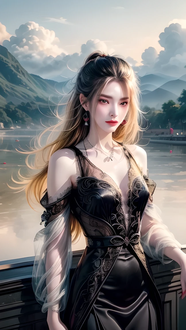 (masterpiece), Fine details, Smooth and natural, (1 Girl), Yellow hair, Qiancheng Xue, Hair and palm absorb , Beautiful and dignified, majestic, Rich background details , (cloud+Wide Angle),  thick and precise fog ,  an illusory sky, Beautiful paintings, ink sense ,"