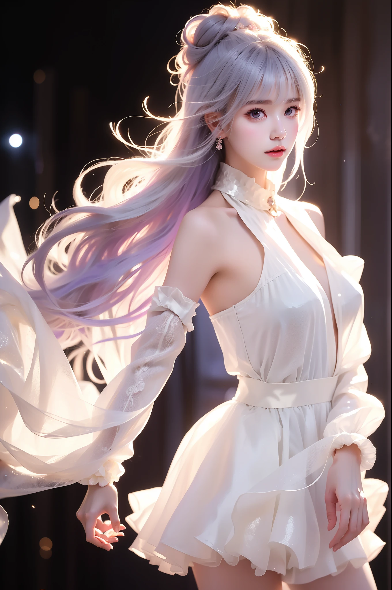 1girl,ahoge,white dress,light purple hair,long hair,white pantyhose,detached sleeves,detached collar, single_side_bun, (Asian beauty), ((full body)), (night, starry sky, space scene), (slim athletic figure: 1.1), (visible cleavage: 0.8), (smooth skin, no deformities: 1.2), relaxed posture, Sexy long legs, The hemlines are short, head tilted, charming smile, hands gently lifted hemline, long shaggy hair flowing, delicate features: (large bright eyes, long eyelashes: 1.1), mouth slightly upturned, expression gentle and confident, (fidelity: 1.1) 1.2), high detail, soft lighting, warm tones