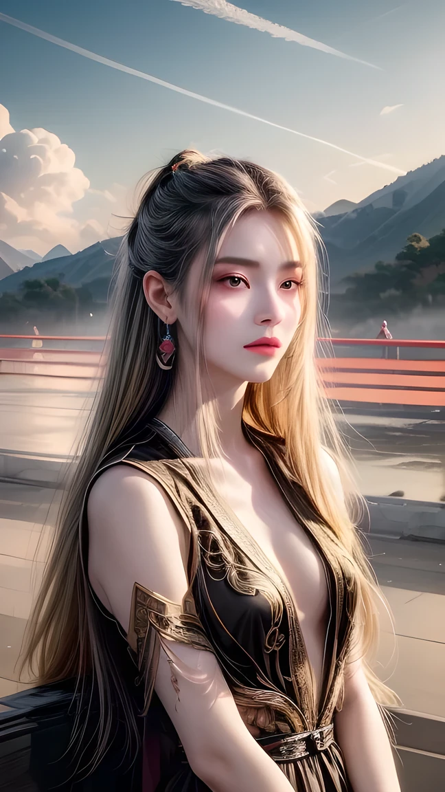 (masterpiece), Fine details, Smooth and natural, (1 Girl), Yellow hair, Qiancheng Xue, Hair and palm absorb , Beautiful and dignified, majestic, Rich background details , (cloud+Wide Angle),  thick and precise fog ,  an illusory sky, Beautiful paintings, ink sense ,"