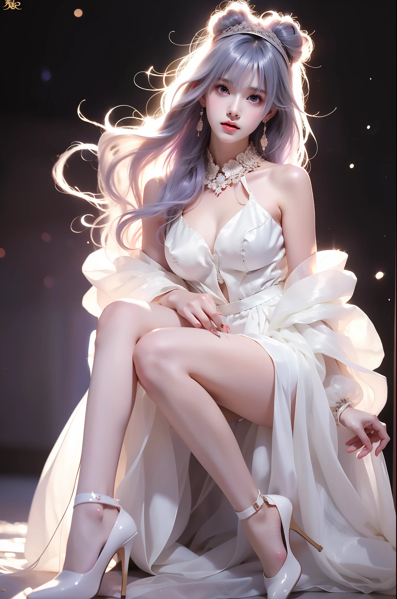 1girl,ahoge,white dress,light purple hair,long hair,white pantyhose,detached sleeves,detached collar, single_side_bun, (Asian beauty), ((full body)), (night, starry sky, space scene), (slim athletic figure: 1.1), (visible cleavage: 0.8), (smooth skin, no deformities: 1.2), relaxed posture, Sexy long legs, The hemlines are short, head tilted, charming smile, hands gently lifted hemline, long shaggy hair flowing, delicate features: (large bright eyes, long eyelashes: 1.1), mouth slightly upturned, expression gentle and confident, (fidelity: 1.1) 1.2), high detail, soft lighting, warm tones