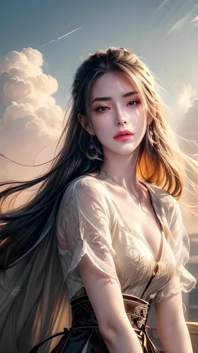 (masterpiece), Fine details, Smooth and natural, (1 Girl), Yellow hair, Qiancheng Xue, Hair and palm absorb , Beautiful and dignified, majestic, Rich background details , (cloud+Wide Angle),  thick and precise fog ,  an illusory sky, Beautiful paintings, ink sense ,"