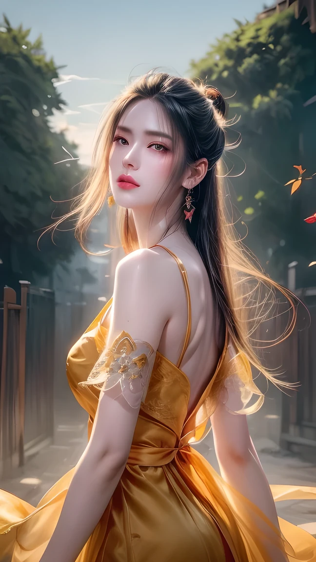 (masterpiece), Fine details, Smooth and natural, (1 Girl), Yellow hair, Qiancheng Xue, Hair and palm absorb , Beautiful and dignified, majestic, Rich background details , (cloud+Wide Angle),  thick and precise fog ,  an illusory sky, Beautiful paintings, ink sense ,"