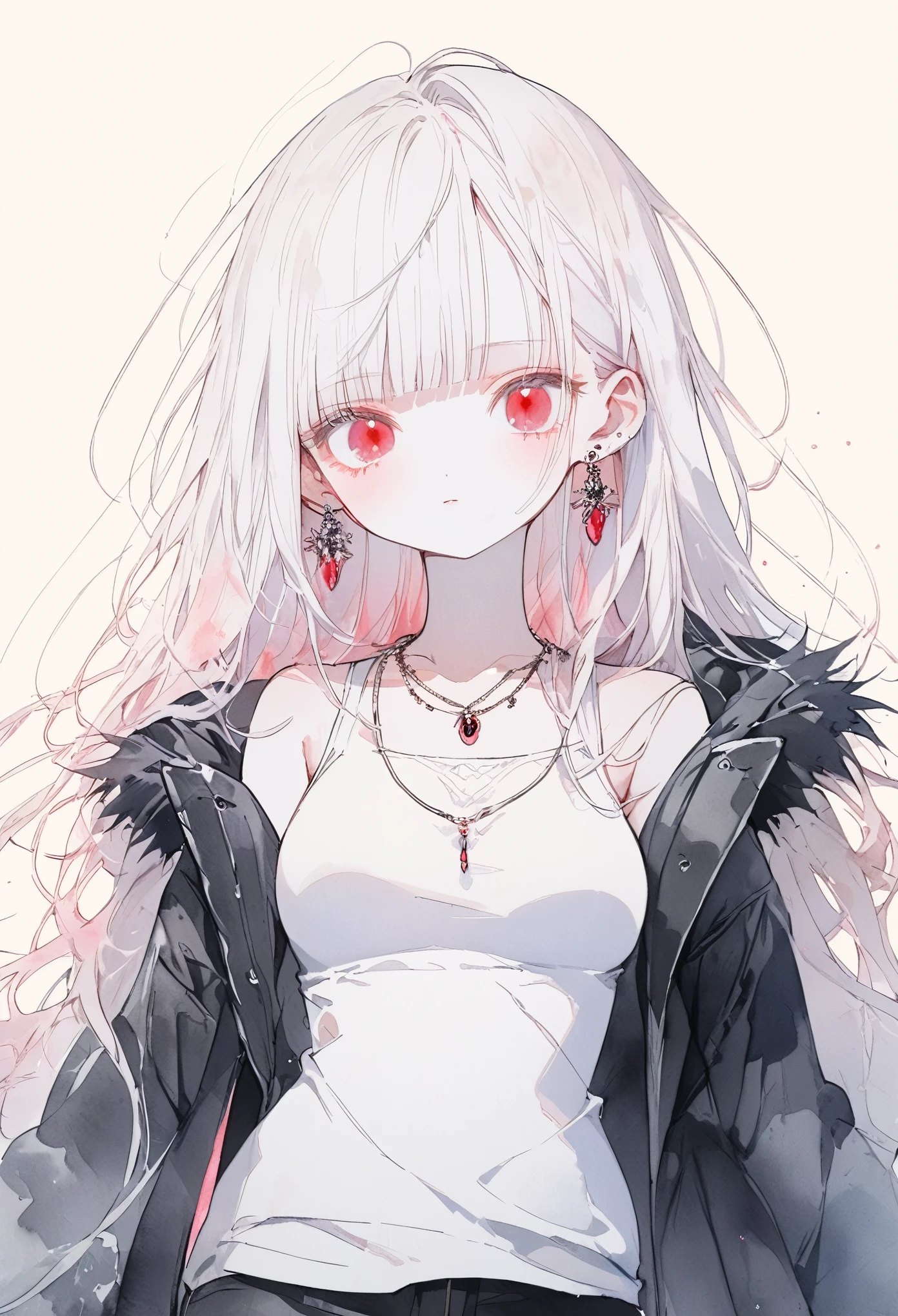 a girl,white hair,long hair,hime cut,blue bangs,albino, red eyes, narrow eyes,wearing a white tank top,black fur coat,Wearing a hood,black short pants,White high boots,pink rip,from front,looking viewer,earrings,necklaces,medium breasts,pale skin tone, simple background, black tone,watercolor style, best quality,(masterpiece:1.2),ultra-detailed,