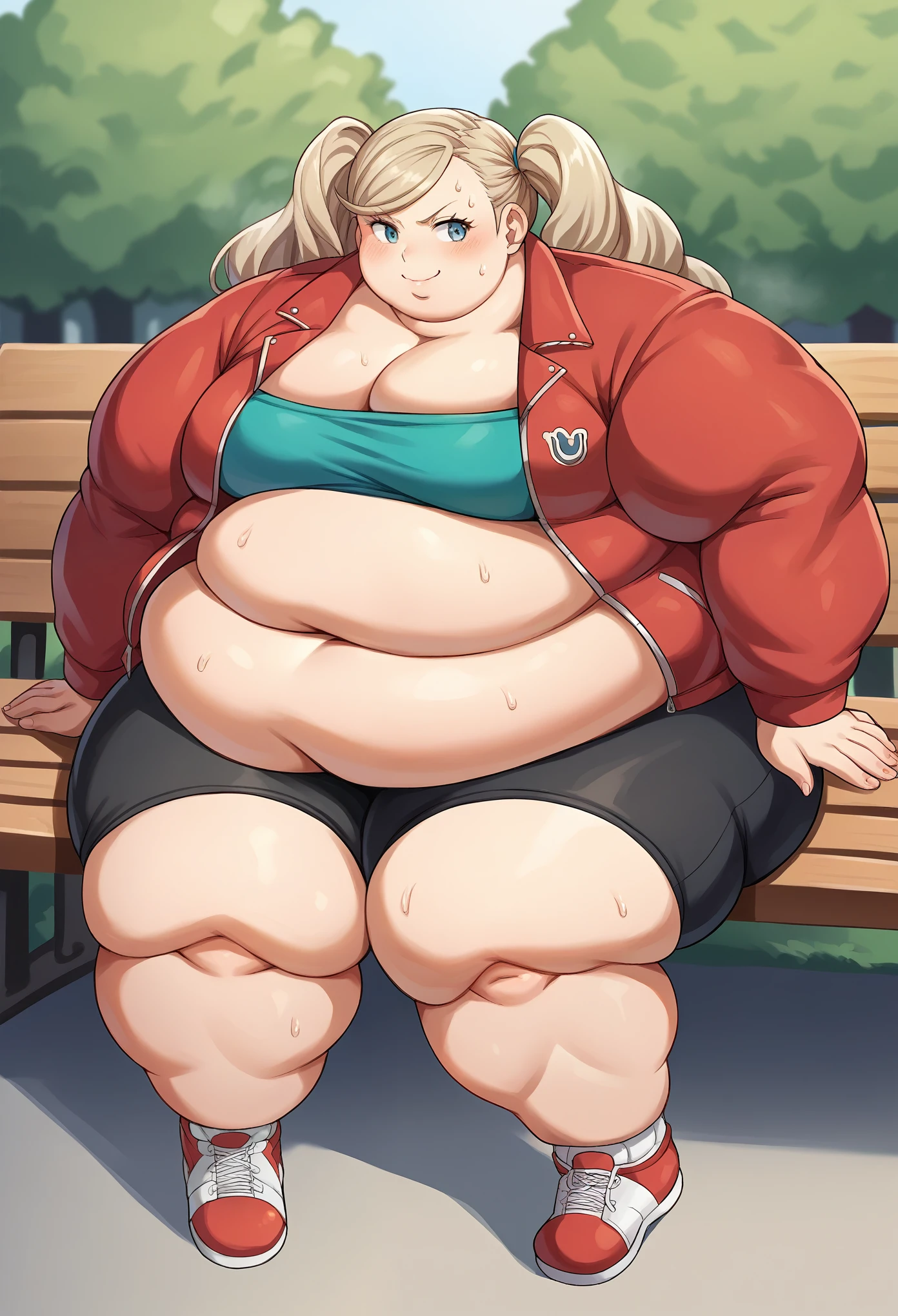 score_9, score_8_up, score_7_up, source_anime BREAK 1girl, takamaki ann, ganryu, tube top, red jacket, black bike shorts, park, smile, sitting on bench, sweating, growing fatter, fat, chubby, obese, full body shot, gigantic arms and legs