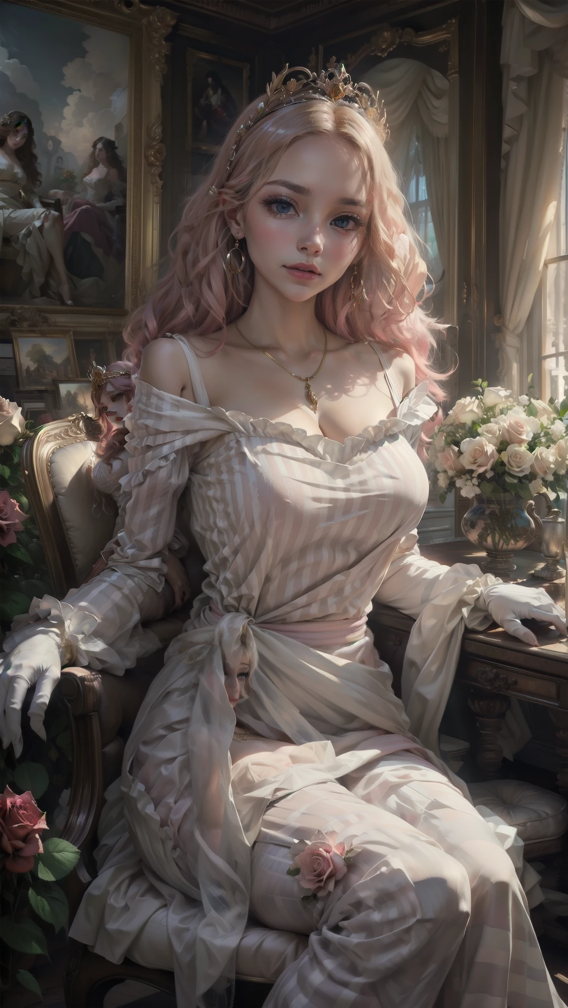 (Masterpiece, highest quality, Best Quality, Beautiful and aesthetic:1.2), full body, red-haired woman with long, wavy hair (reaching her waist:1.3), (perfect face:1.1), ultra-high resolution, elegantly dressed in a Rococo-style ruffled gown, pink and white color palette with gold accents, intricate details, long sleeves, romantic and luxurious, (sitting in a luxurious chair:1.3), hands resting gracefully on her knees, wearing a gold tiara with floral embellishments, (shining eyes:1.2), delicate white gloves with pink flowers, detailed necklace and matching earrings, (gorgeous rose-colored dress with white-striped pink fabric:1.4), magenta ribbon flowing down her chest, dramatic lighting, rainbow light filtering in, (luxurious interior of Victoria Palace:1.3), reflected rosebush in the window, ultra-detailed surroundings, captivating beauty, NSFW.