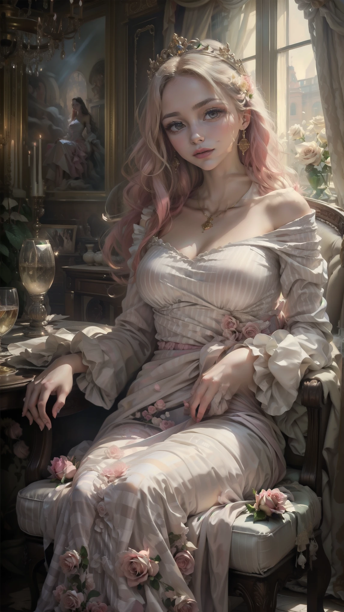 (Masterpiece, highest quality, Best Quality, Beautiful and aesthetic:1.2), full body, red-haired woman with long, wavy hair (reaching her waist:1.3), (perfect face:1.1), ultra-high resolution, elegantly dressed in a Rococo-style ruffled gown, pink and white color palette with gold accents, intricate details, long sleeves, romantic and luxurious, (sitting in a luxurious chair:1.3), hands resting gracefully on her knees, wearing a gold tiara with floral embellishments, (shining eyes:1.2), delicate white gloves with pink flowers, detailed necklace and matching earrings, (gorgeous rose-colored dress with white-striped pink fabric:1.4), magenta ribbon flowing down her chest, dramatic lighting, rainbow light filtering in, (luxurious interior of Victoria Palace:1.3), reflected rosebush in the window, ultra-detailed surroundings, captivating beauty, NSFW.