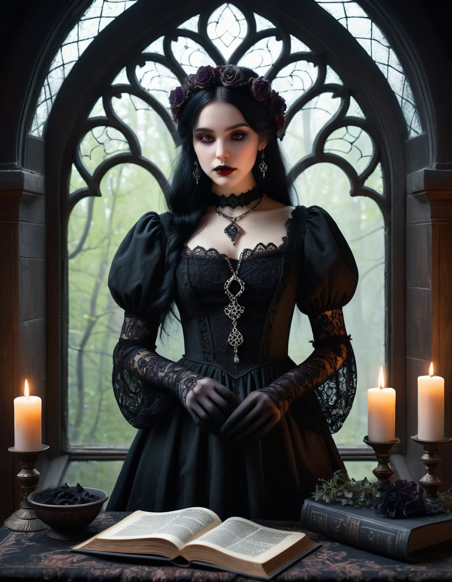 /Imagine a 25-year-old girl in a medieval fantasy setting .  She wears a long Gothic dress ,  black with lace details and puffy sleeves ,   lace gloves and a wreath of black flowers .   Her black hair cascades over her shoulders ,   while she holds an old book with mystical symbols .  Behind her,  a Gothic window with colored stained glass windows shows a dark and misty forest.  Style:  Digital art influenced by Gothic fantasy ,   rich colors and elaborate details . emotion: mysterious,  enigmatic and seductive ,   with a penetrating gaze that invites the observer to unravel his secrets . details:   Smoky makeup that highlights her eyes ,   a necklace with a crystal pendant and silver rings with black stones . Environment: Candles lit,   an ancient Persian rug ,   and a censer releasing aromatic smoke .  Soft and diffused lighting that creates a magical and surreal atmosphere .