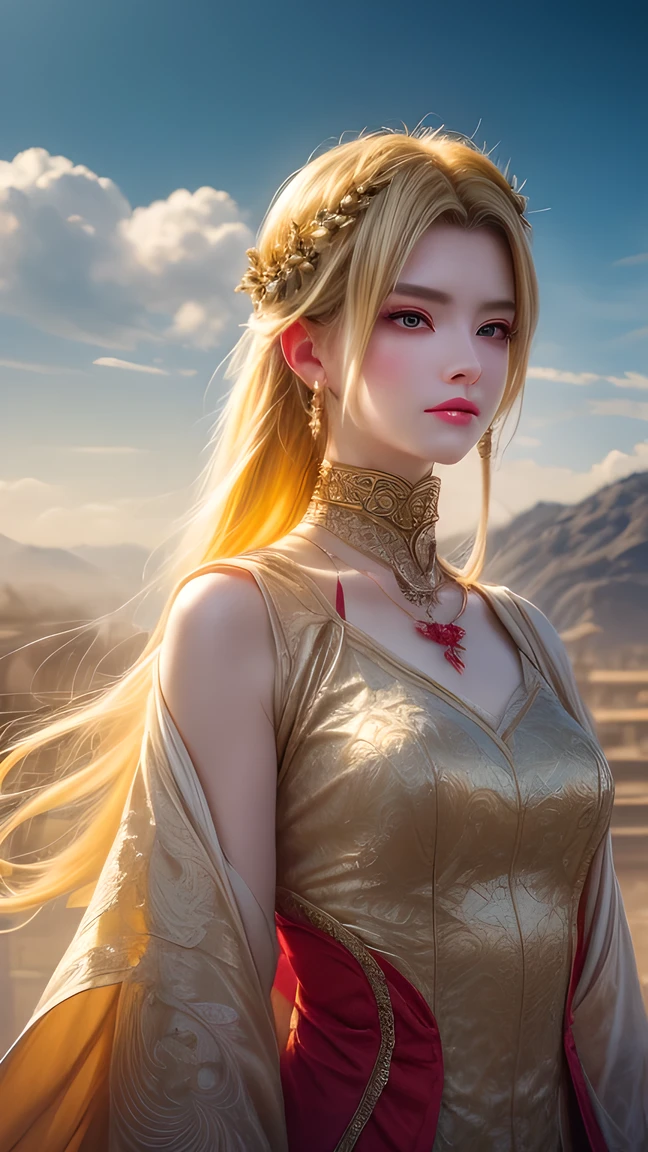 8K ultra hd, masterpiece,1 girl, ((realistic face)), detailed eyes, ((very long hair)), flowing hair, small breasts, royal dress, decorated dress, orange dress, anitque jwellery, detailed lacing, flowing cape, bare navel, moon light, amazing night outdoor, spot lights, glowing lights, depth of field, ray tracing, bloom, realistic shadow, tyndal effect, spreding, lights, looking at the audience, attractive pose,