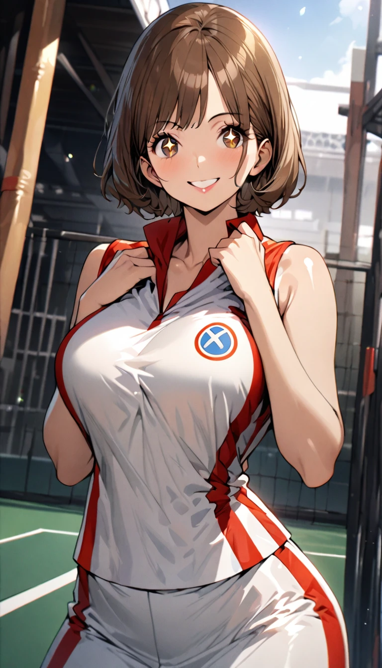  shiny brown hair,  short hair, ( beautiful brown eyes 、  Sparkling Eyes, fine grain)、smile、  Super Detailed Eyes  、 highly detailed face,  Highly detailed eyes , cowboy shots、 Only one woman, standing,  mature women, /(Tennis One Piece Uniform/), /( short hair/) bangs, 赤面した優しいsmile, ( Top Quality Masterpiece:1.2) Delicate illustrations, Super detailed, break /(Ground Outdoor/)